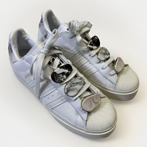 Adidas Superstar Bold Platform Sneakers White Marble w/ Gem Lace Stones Sz 10.5